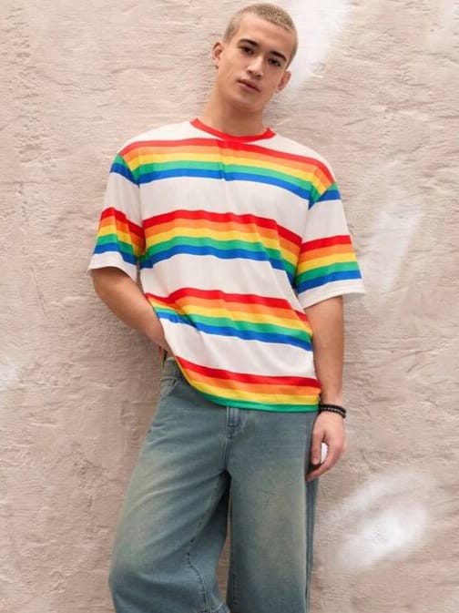 Mong Monkey Standard Size Men's Fashion Rainbow Stripe Loose Drop Shoulder Mid-Sleeve Casual T-Shirt